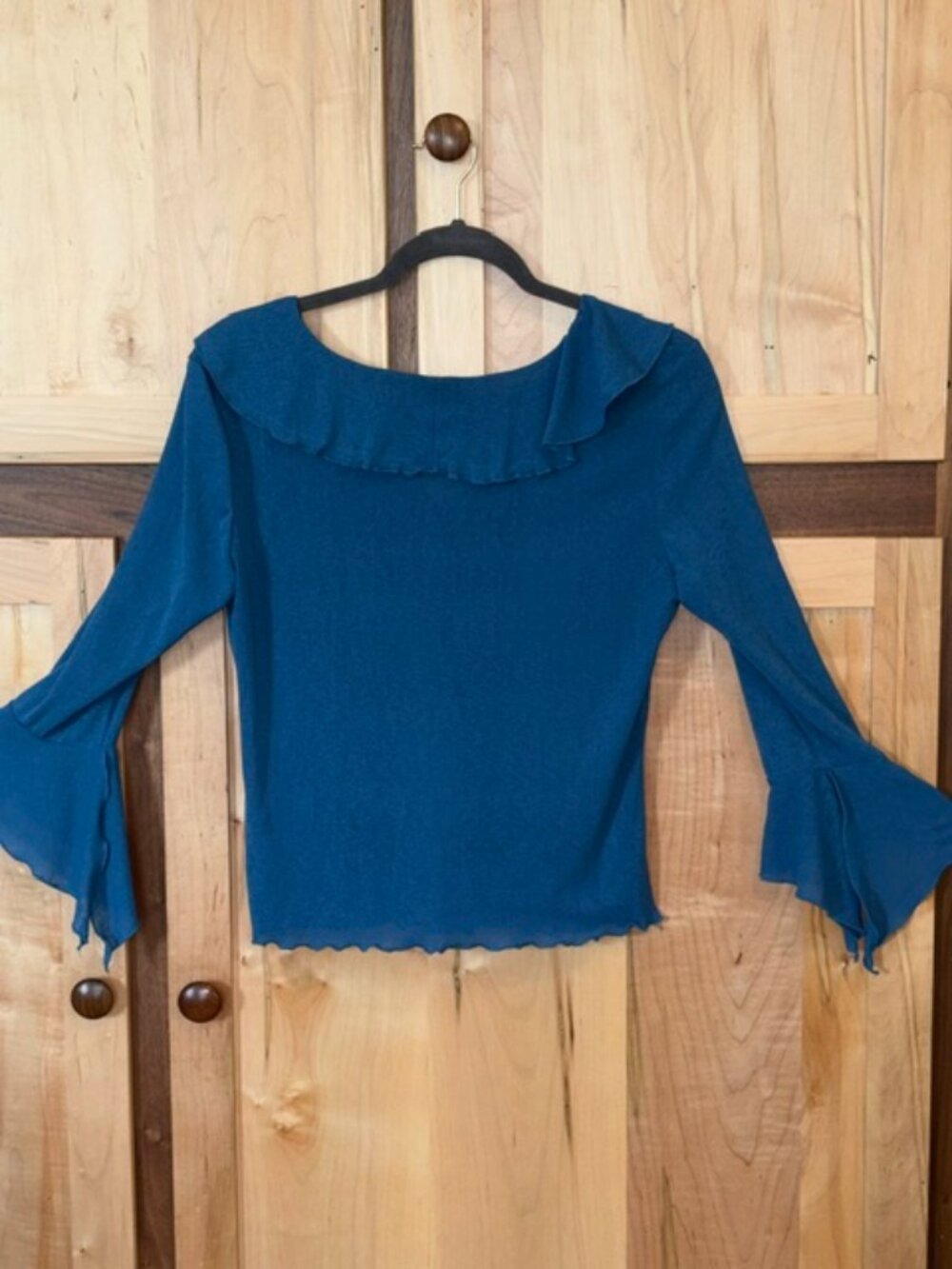 Vintage Y2K JBX V-Neck Mesh Teal Top with Ruffled Neckline - size XL